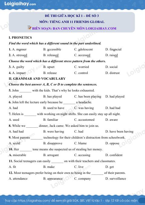 Đề thi giữa kì 1 Tiếng Anh 11 Friends Global - Đề số 3